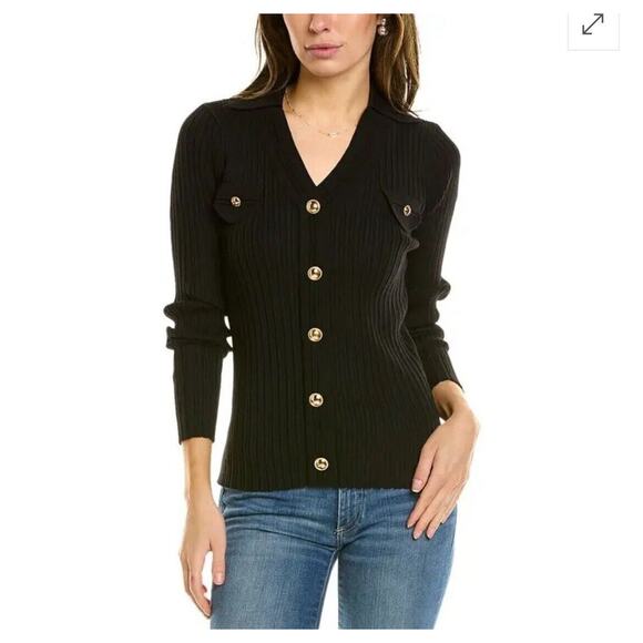 Nanette Lepore Women’s Pocket Sweater Gold Buttons Stretchy‎ Size Large - Picture 2 of 10